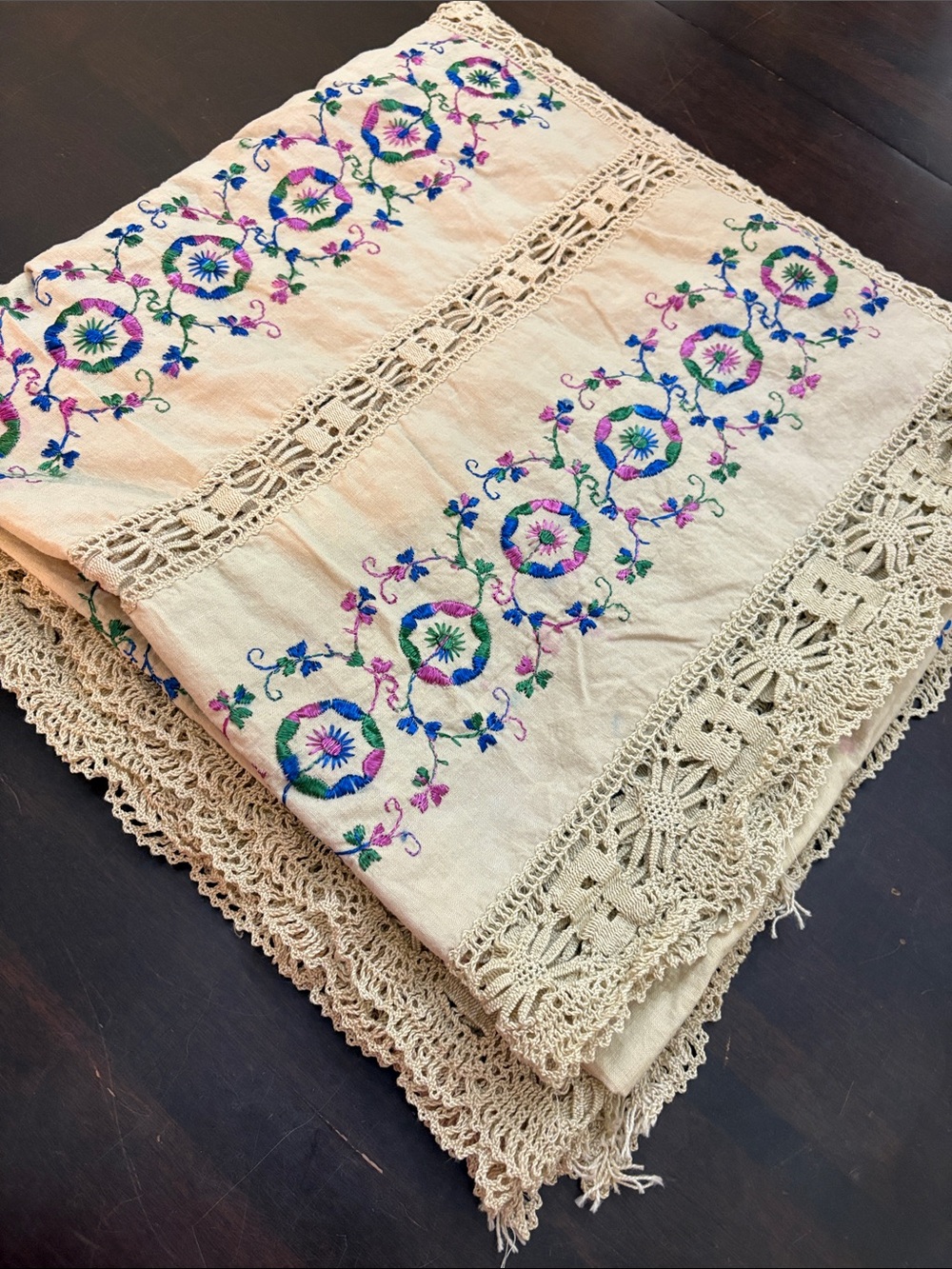 Embroidered Floral Cotton Tablecloth in Cream and Multicolor